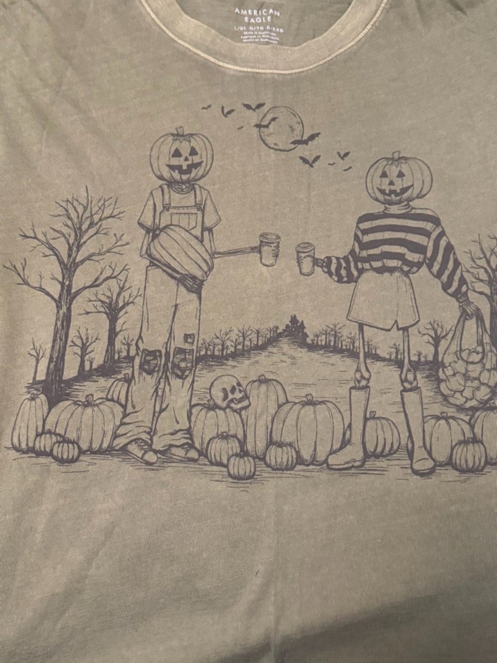American Eagle Halloween Pumpkin Graphic T-Shirt Green Cotton XL - Picture 5 of 8